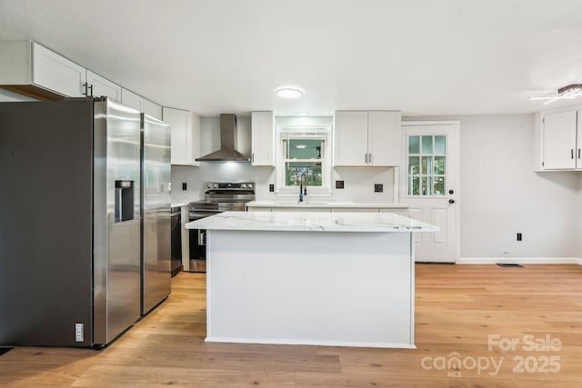 201 Hoyle Cir, Gastonia, NC 28052 - kitchen with appliances with stainless steel finishes, wall chimney exhaust hood, light wood-style floors, and white cabinetry