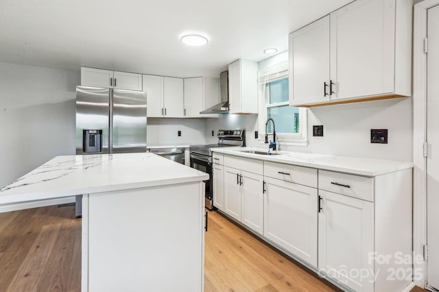 201 Hoyle Cir, Gastonia, NC 28052 - kitchen with stainless steel appliances, wall chimney exhaust hood, a center island, white cabinets, and recessed lighting