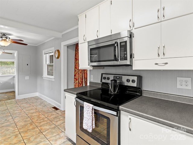 30 Belleview Rd, Waynesville, NC 28786 - kitchen with stainless steel appliances, ceiling fan, white cabinetry, crown molding, and electric panel