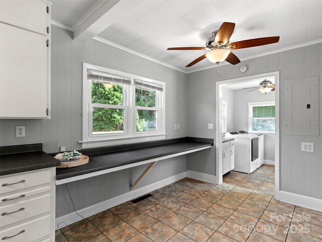 30 Belleview Rd, Waynesville, NC 28786 - kitchen featuring crown molding, a ceiling fan, dark countertops, electric panel, and white cabinets