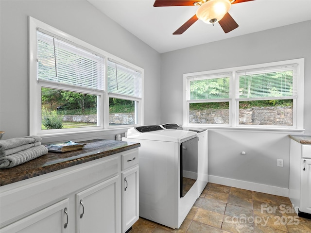 30 Belleview Rd, Waynesville, NC 28786 - laundry area featuring cabinet space, plenty of natural light, independent washer and dryer, and ceiling fan
