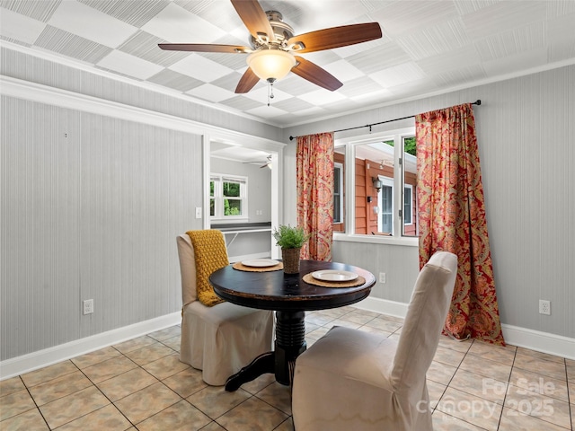 30 Belleview Rd, Waynesville, NC 28786 - dining room with light tile patterned floors, a ceiling fan, and crown molding