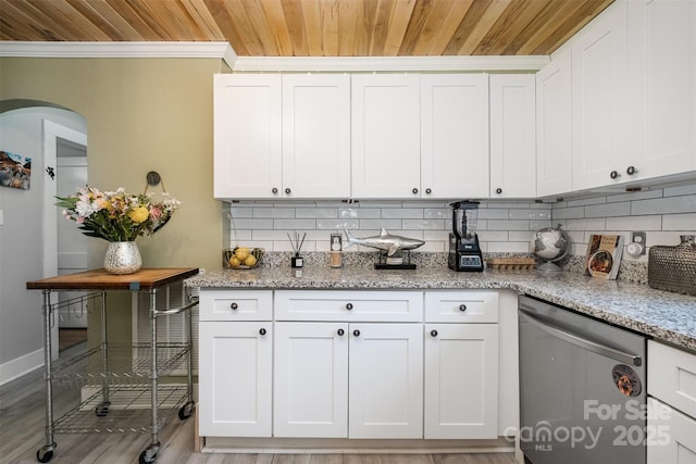 1114 Mountain St, Kannapolis, NC 28081 - kitchen with dishwasher, wood ceiling, arched walkways, crown molding, and tasteful backsplash