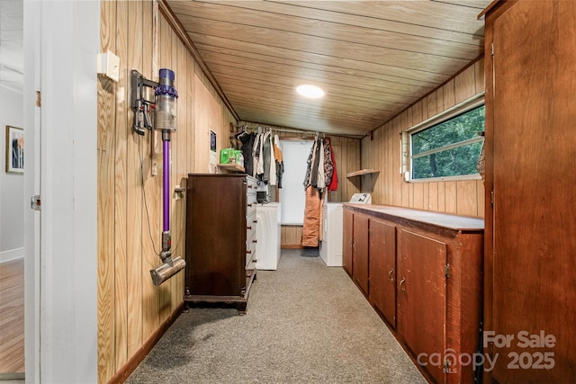 1114 Mountain St, Kannapolis, NC 28081 - interior space featuring washer / clothes dryer, wood ceiling, carpet flooring, and wooden walls