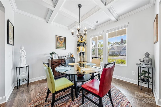 1302 Black Walnut St, Monroe, NC 28112 - dining room featuring coffered ceiling, beam ceiling, a chandelier, wood finished floors, and crown molding