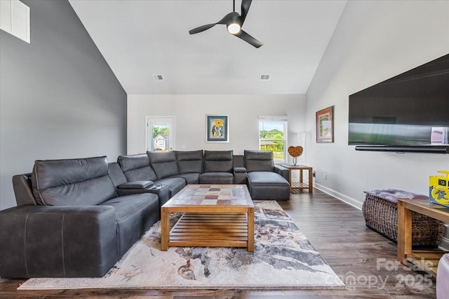 1302 Black Walnut St, Monroe, NC 28112 - living room featuring high vaulted ceiling, a ceiling fan, plenty of natural light, and wood finished floors