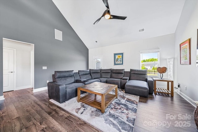 1302 Black Walnut St, Monroe, NC 28112 - living room featuring high vaulted ceiling, ceiling fan, and wood finished floors