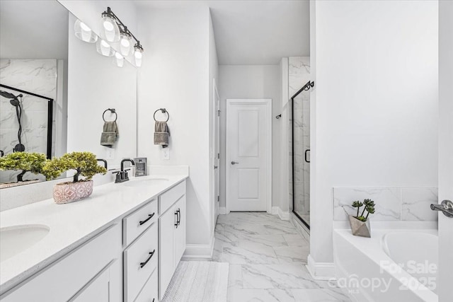 1302 Black Walnut St, Monroe, NC 28112 - full bathroom featuring marble look tile flooring, a shower stall, double vanity, and a bath