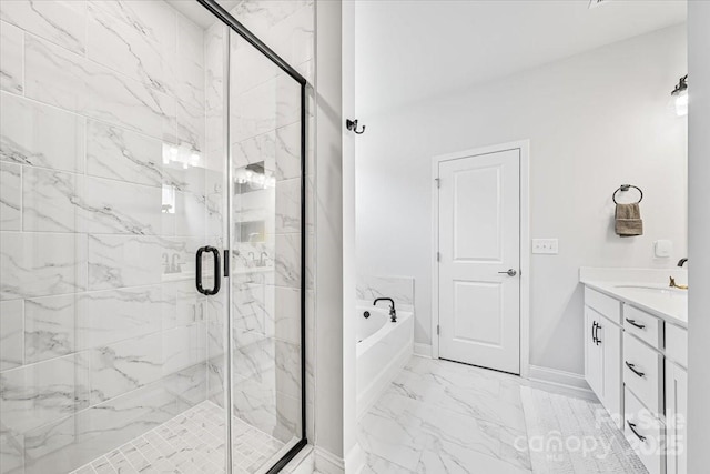 1302 Black Walnut St, Monroe, NC 28112 - full bathroom with a bath, marble look tiles, a shower stall, and vanity