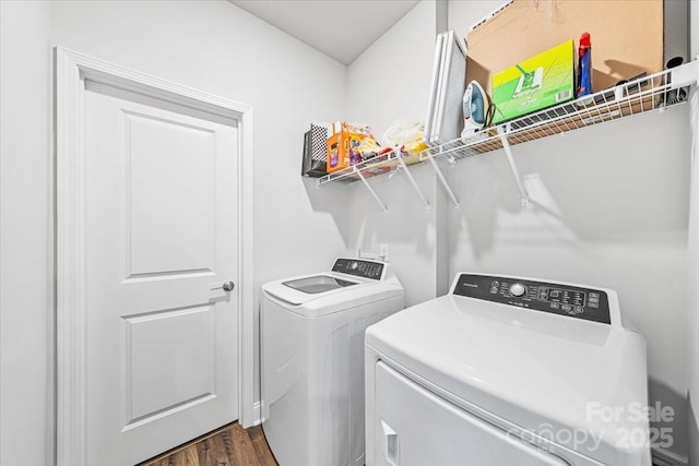 1302 Black Walnut St, Monroe, NC 28112 - laundry area featuring independent washer and dryer and dark wood-style flooring
