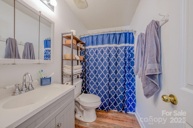1975 8th Street Ln SE, Hickory, NC 28602 - bathroom with wood finished floors, a textured ceiling, vanity, and curtained shower