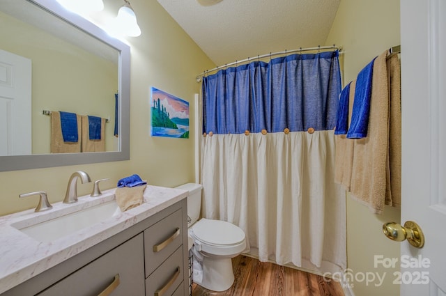1975 8th Street Ln SE, Hickory, NC 28602 - full bath with vanity, wood finished floors, a textured ceiling, and a shower with curtain