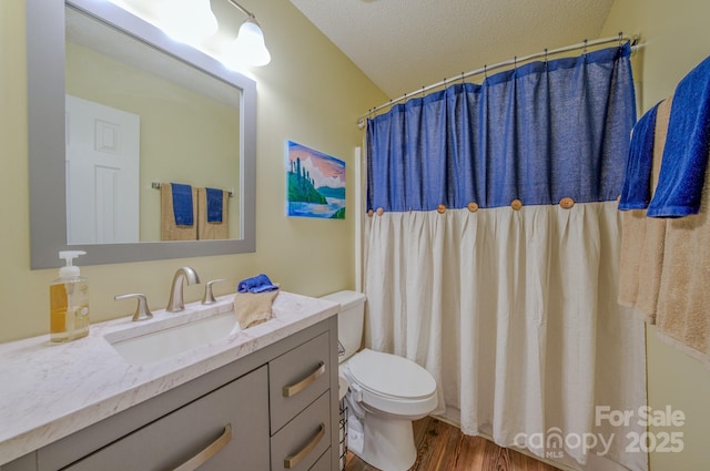 1975 8th Street Ln SE, Hickory, NC 28602 - bathroom with wood finished floors, vanity, a textured ceiling, and a shower with shower curtain