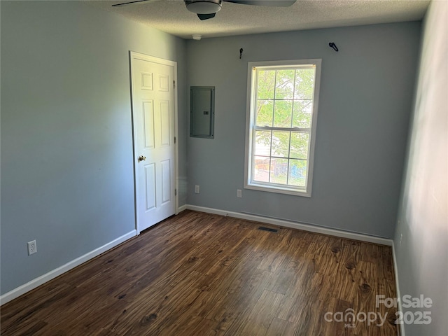 4870 Beckel Rd, Winston Salem, NC 27127 - empty room with electric panel, ceiling fan, dark wood-style floors, and a textured ceiling