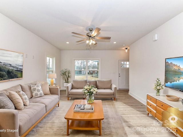5613 Morgan Mill Rd, Monroe, NC 28110 - living area featuring light wood-style flooring, ceiling fan, and recessed lighting