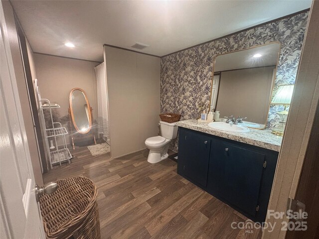 2877 Shannon St, Sharon, SC 29742 - full bathroom featuring wallpapered walls, wood finished floors, and vanity