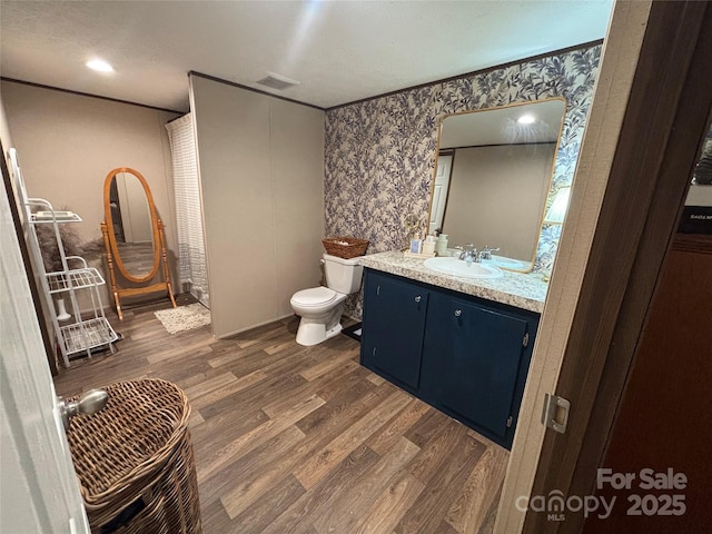 2877 Shannon St, Sharon, SC 29742 - bathroom featuring wallpapered walls, wood finished floors, and vanity