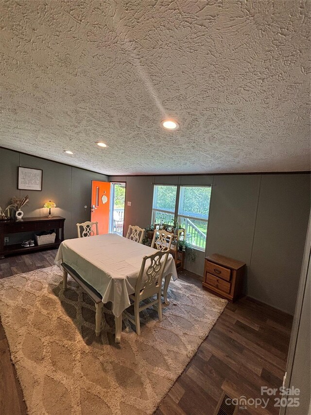 2877 Shannon St, Sharon, SC 29742 - dining space featuring wood finished floors, a textured ceiling, and recessed lighting