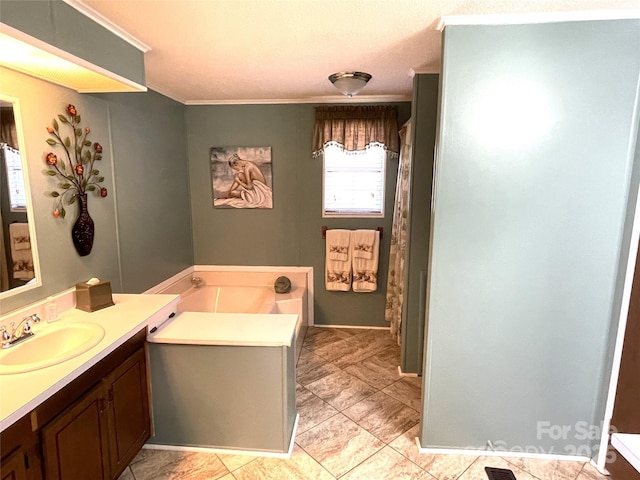 3403 Beaty Rd, Gastonia, NC 28056 - full bathroom with vanity, ornamental molding, a bath, and a shower with curtain