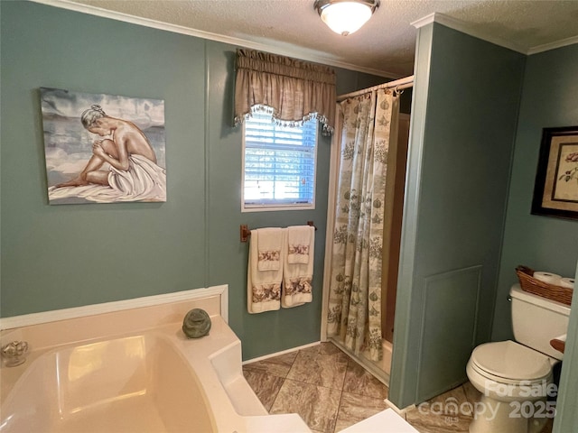 3403 Beaty Rd, Gastonia, NC 28056 - bathroom featuring a bath, crown molding, a textured ceiling, and curtained shower