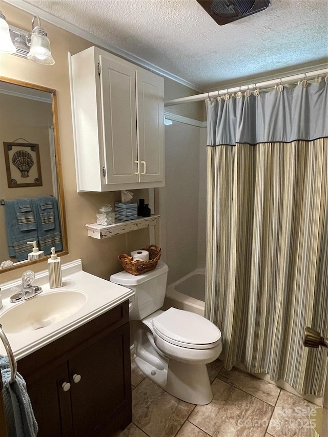 3403 Beaty Rd, Gastonia, NC 28056 - bathroom with vanity, a textured ceiling, shower / bath combo with shower curtain, and tile patterned flooring