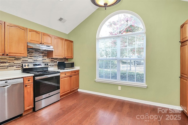 4580 Antelope Ln, Charlotte, NC 28269 - kitchen featuring stainless steel appliances, under cabinet range hood, tasteful backsplash, plenty of natural light, and high vaulted ceiling