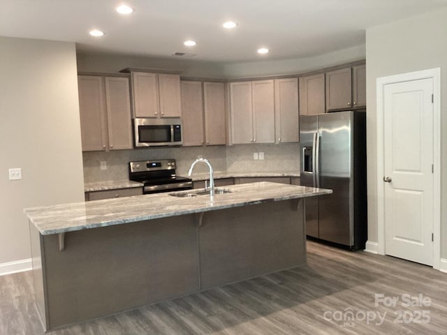 5126 Rocky River Crossing Rd, Harrisburg, NC 28075 - kitchen with stainless steel appliances, gray cabinets, wood finished floors, decorative backsplash, and recessed lighting