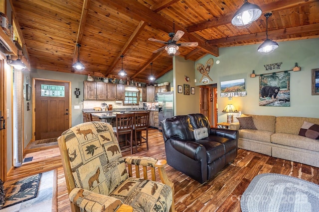821 Old Chestnut Mountain Rd, Newland, NC 28645 - living room featuring hardwood / wood-style floors, wooden ceiling, and ceiling fan