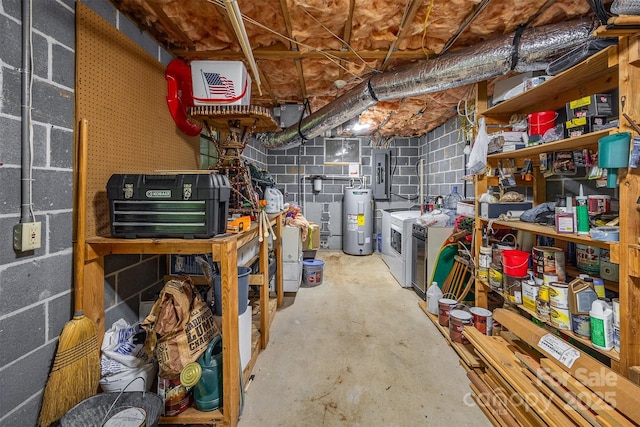 821 Old Chestnut Mountain Rd, Newland, NC 28645 - storage with water heater, electric panel, and washing machine and dryer