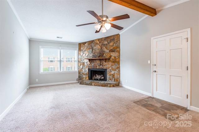 1806 Ebenezer Rd Unit E, Rock Hill, SC 29732 - unfurnished living room with carpet floors, a ceiling fan, a fireplace, ornamental molding, and a textured ceiling