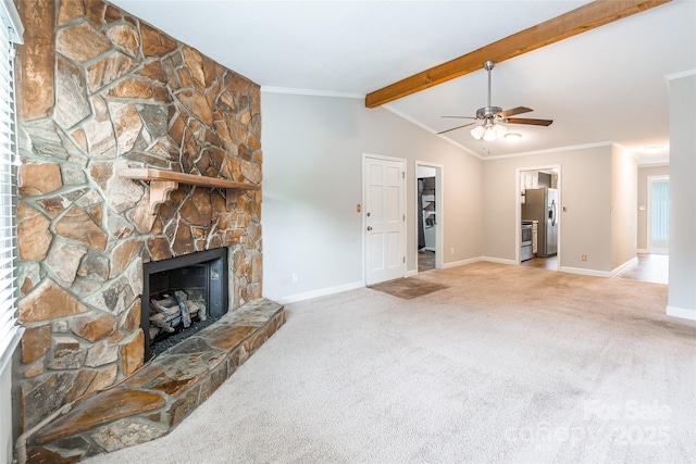 1806 Ebenezer Rd Unit E, Rock Hill, SC 29732 - unfurnished living room with carpet floors, a ceiling fan, a stone fireplace, and crown molding