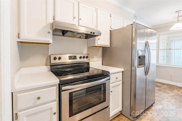 1806 Ebenezer Rd Unit E, Rock Hill, SC 29732 - kitchen featuring stainless steel appliances, under cabinet range hood, ornamental molding, white cabinetry, and light countertops