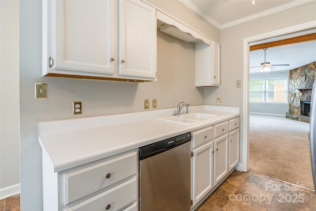 1806 Ebenezer Rd Unit E, Rock Hill, SC 29732 - kitchen with dishwasher, ornamental molding, white cabinets, light countertops, and a ceiling fan