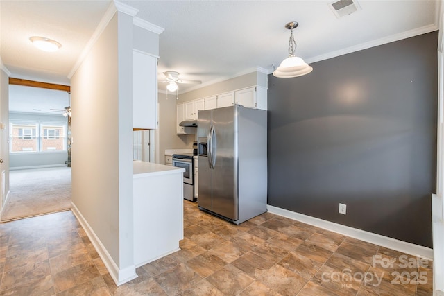 1806 Ebenezer Rd Unit E, Rock Hill, SC 29732 - kitchen featuring appliances with stainless steel finishes, ceiling fan, under cabinet range hood, stone finish floors, and white cabinetry