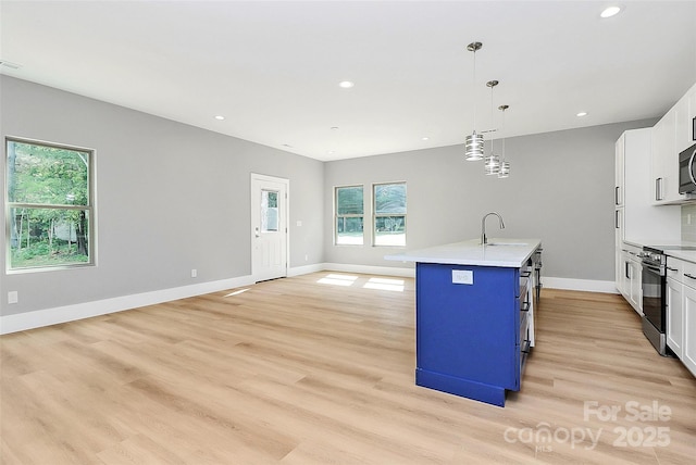 5516 Old York Rd, Rock Hill, SC 29732 - kitchen with open floor plan, stainless steel appliances, light countertops, light wood-type flooring, and blue cabinetry