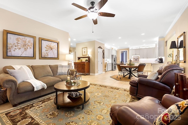 15933 Glen Miro Dr, Huntersville, NC 28078 - living area featuring ornamental molding, light tile patterned flooring, a ceiling fan, and recessed lighting