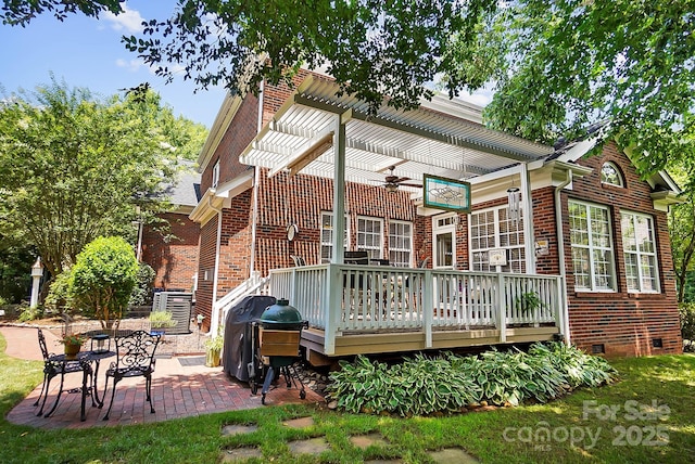 15933 Glen Miro Dr, Huntersville, NC 28078 - back of property with ceiling fan, crawl space, a wooden deck, brick siding, and a patio