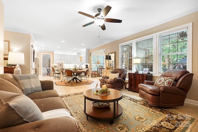 15933 Glen Miro Dr, Huntersville, NC 28078 - living area featuring ornamental molding, light tile patterned flooring, a ceiling fan, and recessed lighting