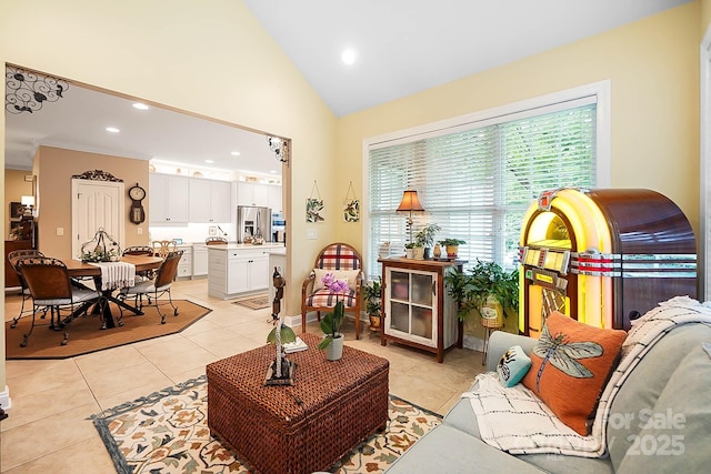 15933 Glen Miro Dr, Huntersville, NC 28078 - living room featuring light tile patterned floors, recessed lighting, and high vaulted ceiling
