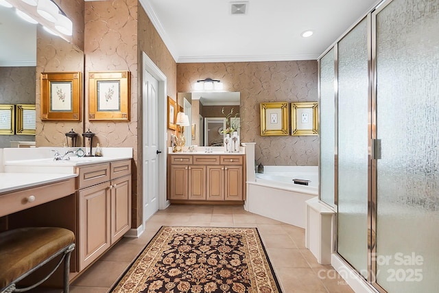 15933 Glen Miro Dr, Huntersville, NC 28078 - bathroom featuring tile patterned flooring, a bath, wallpapered walls, ornamental molding, and two vanities