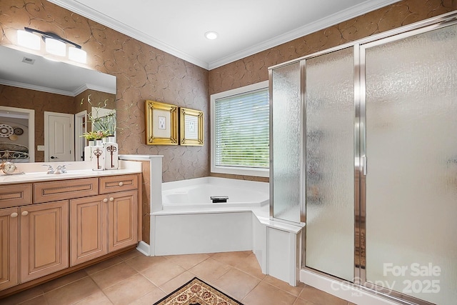 15933 Glen Miro Dr, Huntersville, NC 28078 - full bath with vanity, tile patterned flooring, a bath, a shower stall, and wallpapered walls
