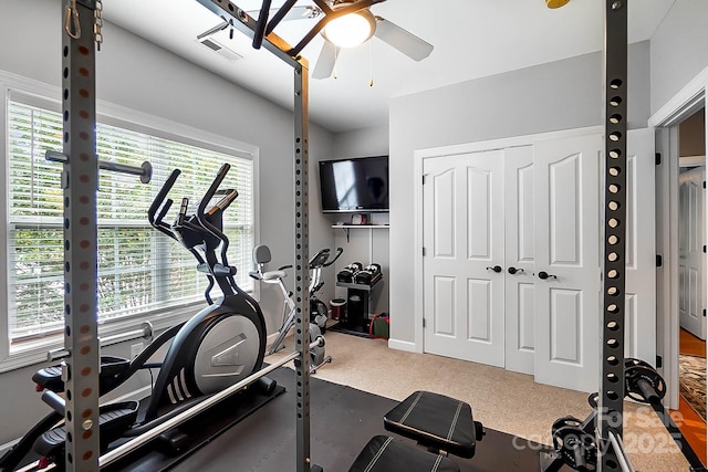 15933 Glen Miro Dr, Huntersville, NC 28078 - exercise area with a ceiling fan and carpet
