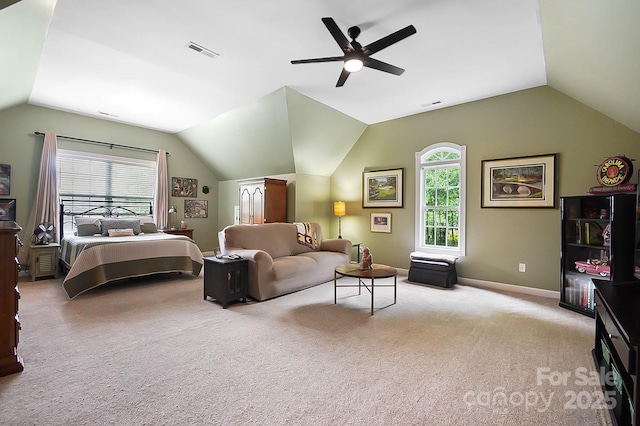 15933 Glen Miro Dr, Huntersville, NC 28078 - bedroom featuring lofted ceiling, light colored carpet, multiple windows, and a ceiling fan