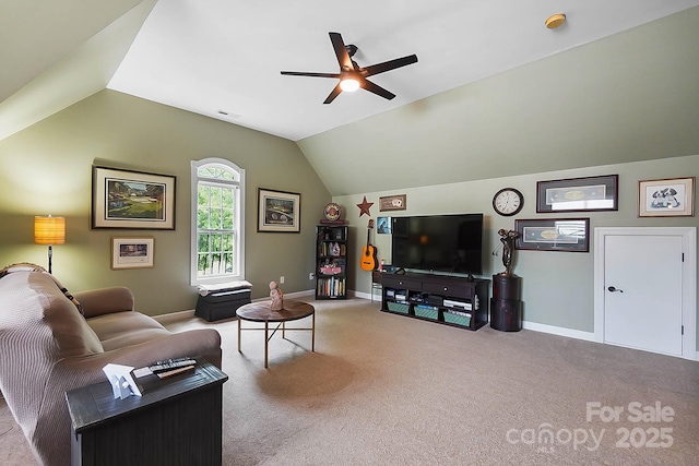 15933 Glen Miro Dr, Huntersville, NC 28078 - living room featuring ceiling fan, vaulted ceiling, and carpet floors