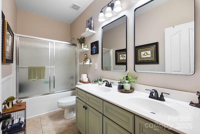 15933 Glen Miro Dr, Huntersville, NC 28078 - full bathroom with double vanity, enclosed tub / shower combo, and tile patterned floors