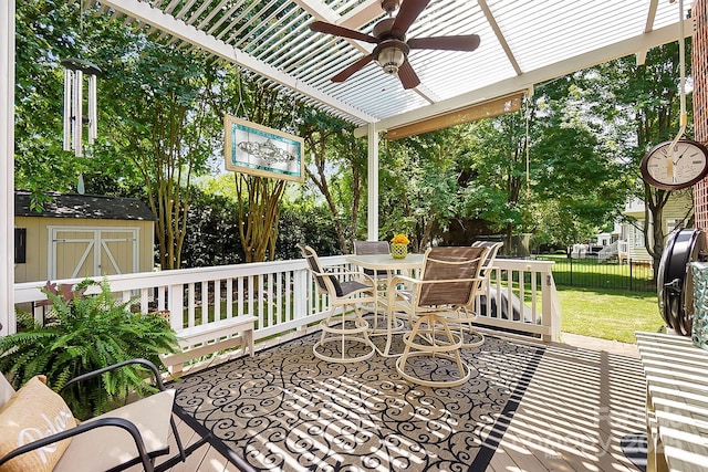 15933 Glen Miro Dr, Huntersville, NC 28078 - view of patio / terrace featuring a shed, a ceiling fan, and outdoor dining area