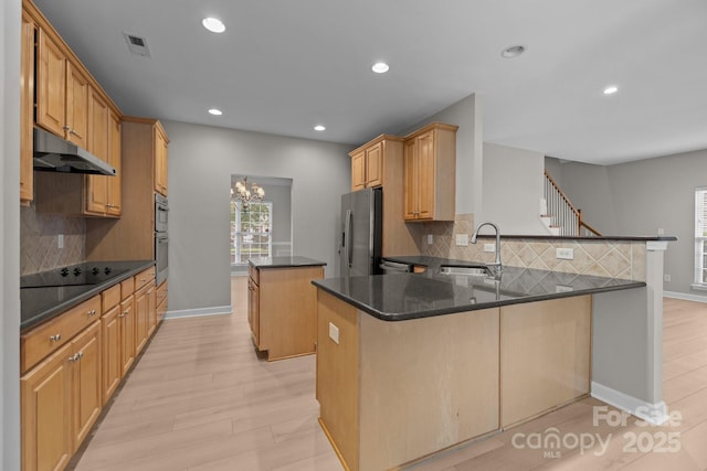 1504 Jekyll Ln, Waxhaw, NC 28173 - kitchen with stainless steel appliances, a kitchen island, under cabinet range hood, a peninsula, and recessed lighting