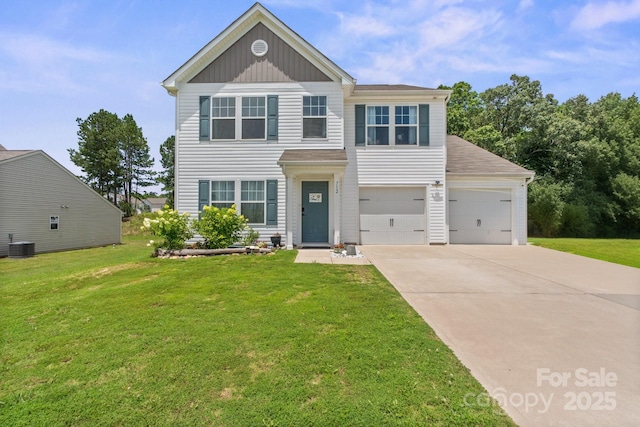 712 Coventry Dr, Albemarle, NC 28001 - traditional-style house with concrete driveway, a front yard, board and batten siding, and a shingled roof