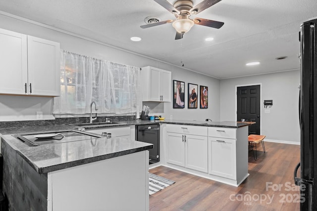 1560 Lafayette Ave, Hudson, NC 28638 - kitchen with a peninsula, black dishwasher, white cabinets, stovetop, and ceiling fan