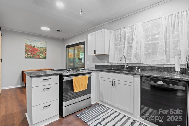 1560 Lafayette Ave, Hudson, NC 28638 - kitchen featuring stainless steel electric range, black dishwasher, a peninsula, white cabinetry, and dark stone countertops
